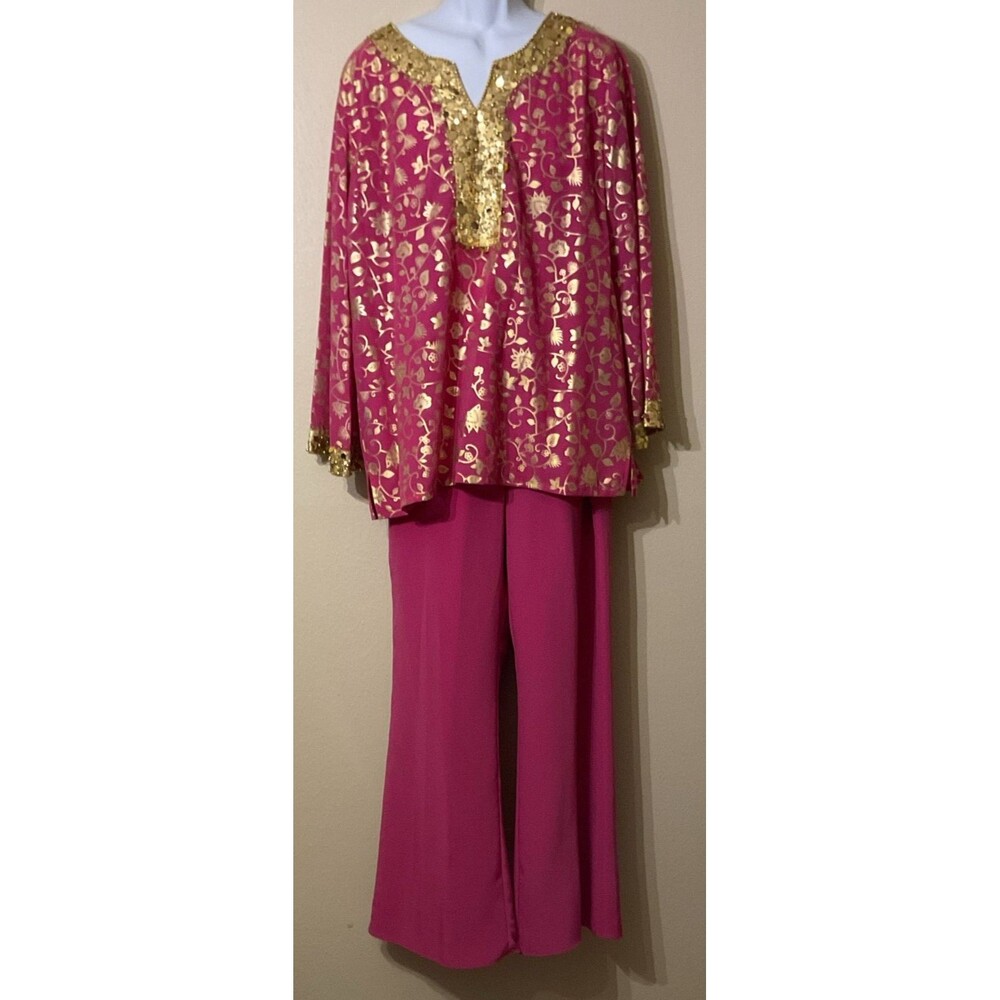 DG2 Diane Gilman 2pc Set Pink Gold Sequin Tunic Top 1X Wide Leg Palazzo Pants L